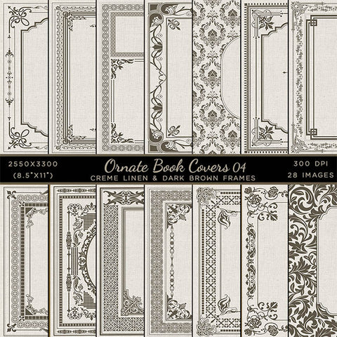 Ornate Book Covers with Spine Vol 4 Creme Linen & Dark Brown Frames - 28 High Resolution Images - Instant Download Digital Clip art