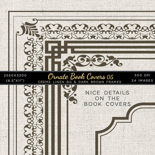 Ornate Book Covers with Spine Vol 5 Creme Linen & Dark Brown Frames - 24 High Resolution Images - Instant Download Digital Clip art