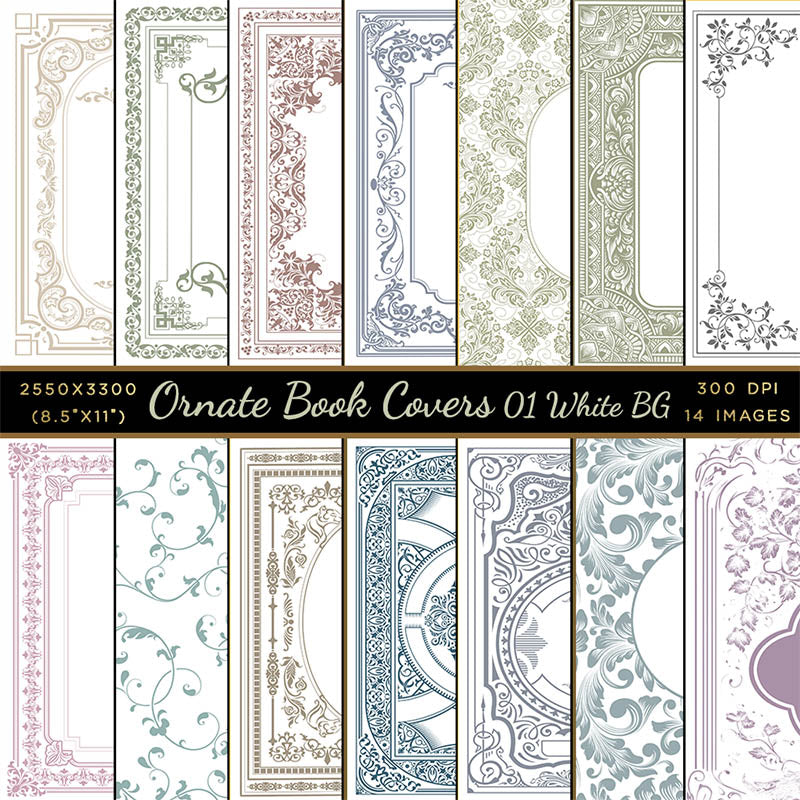 Ornate Book Covers with Spine Vol 1 Variation on White Background - 28 High Resolution Images - Instant Download Digital Clip art