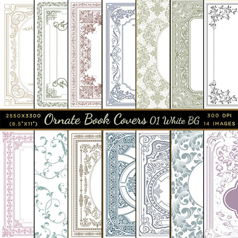 Ornate Book Covers with Spine Vol 1 Variation on White Background - 28 High Resolution Images - Instant Download Digital Clip art