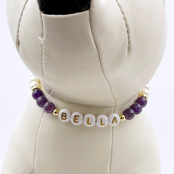 Custom Design 4A Pet Name Dog or Cat Necklace with Natural Gemstone, Glass Pearls, Personalized Collar Rhinestone and Gold Heart Charm Pendant Jewelry