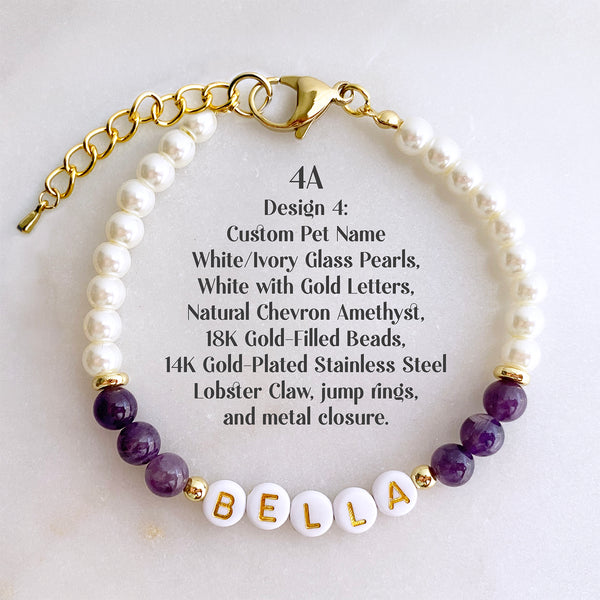 Custom Design 4A Pet Name Dog or Cat Necklace with Natural Gemstone, Glass Pearls, Personalized Collar Rhinestone and Gold Heart Charm Pendant Jewelry