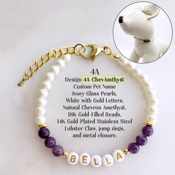 Custom Design 4A Pet Name Dog or Cat Necklace with Natural Gemstone, Glass Pearls, Personalized Collar Rhinestone and Gold Heart Charm Pendant Jewelry