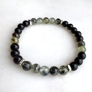 Prehnite and Black Onyx Beads Gemstones Crystals Boho Hippie Design - Stretch Bracelet Handmade Jewelry