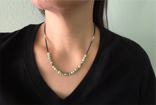 Pre-Columbian Maya Jade Gemstones Crystals & Glass Beads Boho Hippie Beach Design - Handmade Jewelry Necklace