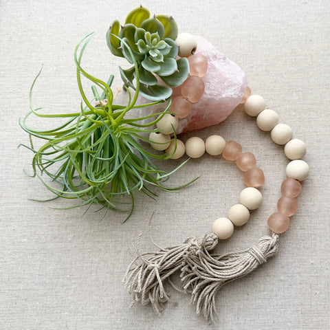 Coastal Home Decor with Wood & Rose Color Glass Beads design 09 - Boho Bohemian Decor, Sea Glass Garland, Beaded Rope with wood glass