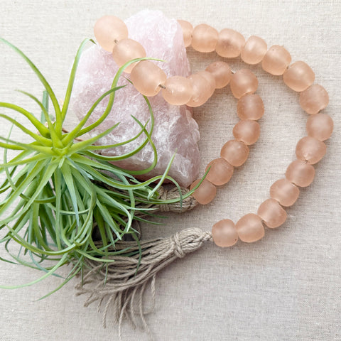 Coastal Home Decor with Wood & Rose Color Glass Beads design 10 - Boho Bohemian Decor, Sea Glass Garland