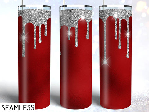 Tumbler Template Design - Silver Glitter Drips with Red Background PNG Sublimation 20 oz Skinny Tumbler High Resolution Instant Download Full Wrap Digital