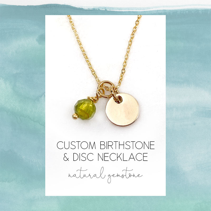 Custom Birthstone & Disc Necklace in Gold, Rose Gold, or Silver with Real Gemstone, Personalized Jewelry January - December Birthday Gift