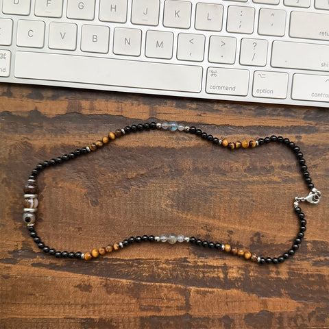 Tiger's Eye, Black Onyx, Agate Boho Hippie Design - Handmade Jewelry Necklace
