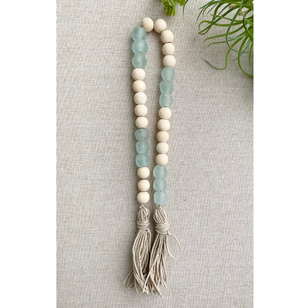 Coastal Home Decor with Wood & Glass Beads design 03 - Boho Bohemian Decor, Sea Glass Garland, Beaded Rope with wood glass Marine water ocean colors