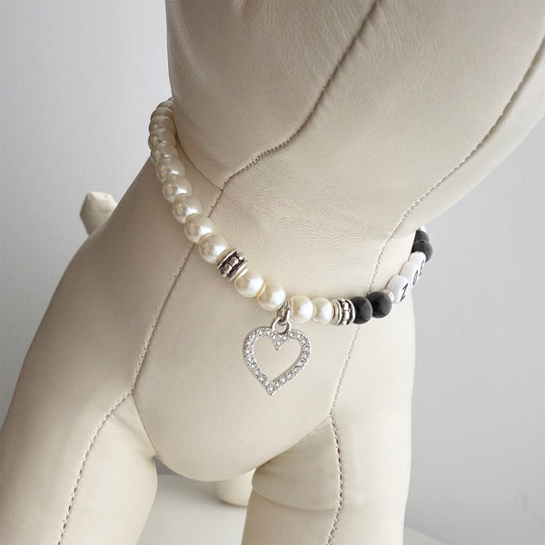 Custom Design 5A Pet Name Dog or Cat Necklace with Natural Gemstone, Glass Pearls, Personalized Collar Rhinestone and Gold Heart Charm Pendant Jewelry