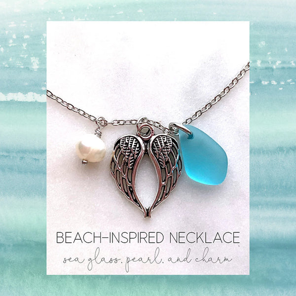 Beach Sea Glass Necklace with Freshwater Pearl, Sea Glass & Starfish Turtle Mermaid Mountain Trees Angel Wings Horse Charm Handmade Jewelry