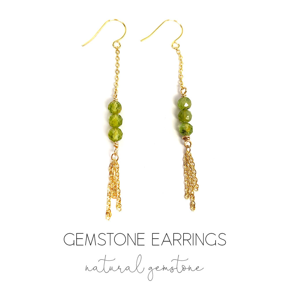 Peridot Genuine Natural Gemstone with Chain Fringe Earrings in colors of Gold Silver or Rose Gold Chain Boho Handmade Jewelry Birthstone