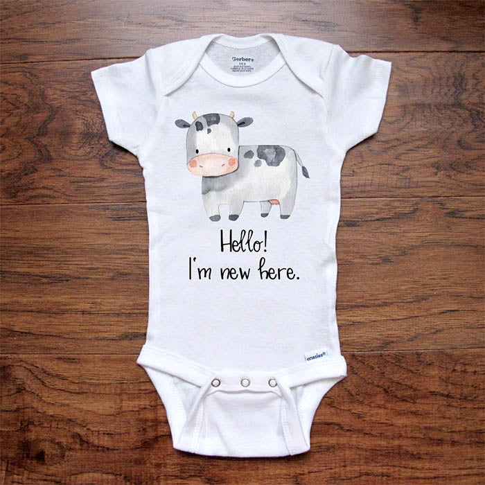 Hello I'm new here cute cow design baby onesie bodysuit Hello Handmade design baby birth pregnancy announcement