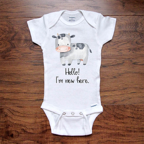 Hello I'm new here cute cow design baby onesie bodysuit Hello Handmade design baby birth pregnancy announcement