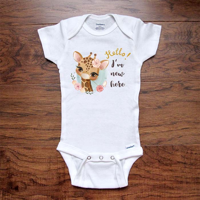 Hello I'm new here cute giraffe design baby onesie bodysuit Hello Handmade design baby birth pregnancy announcement