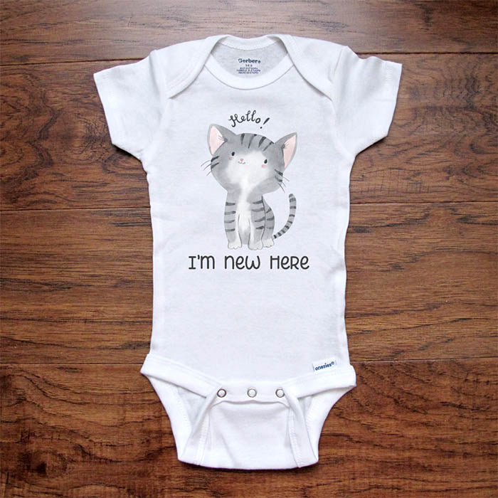 Hello I'm new here cute cat design2 baby onesie bodysuit Hello Handmade design baby birth pregnancy announcement