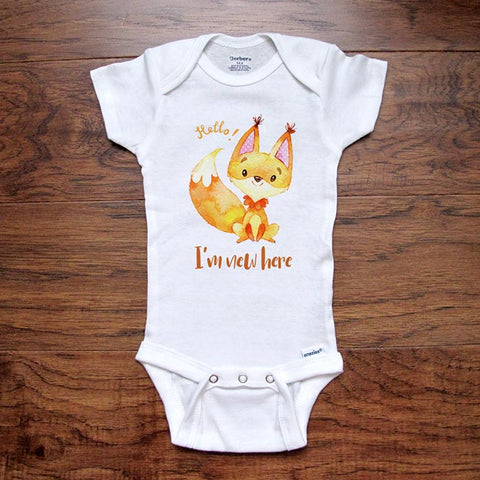 Hello I'm new here cute fox design baby onesie bodysuit Hello Handmade design baby birth pregnancy announcement