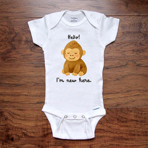 Hello I'm new here cute gorilla design baby onesie bodysuit Hello Handmade design baby birth pregnancy announcement