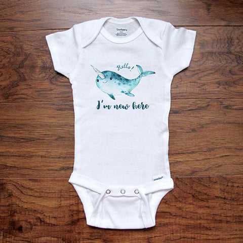 Hello I'm new here cute narwhal design baby onesie bodysuit Hello Handmade design baby birth pregnancy announcement