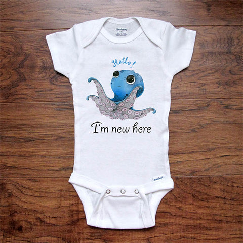 Hello I'm new here cute octopus design baby onesie bodysuit Hello Handmade design baby birth pregnancy announcement