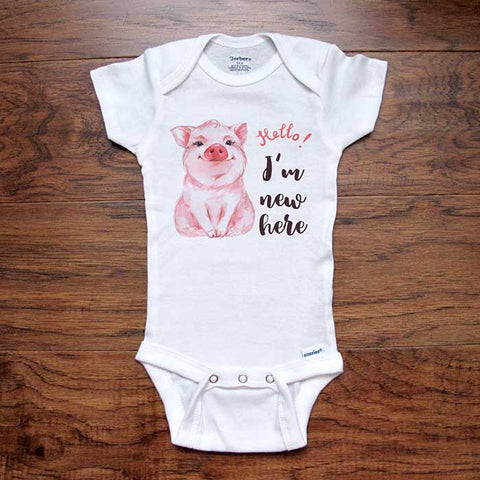 Hello I'm new here cute pig design baby onesie bodysuit Hello Handmade design baby birth pregnancy announcement