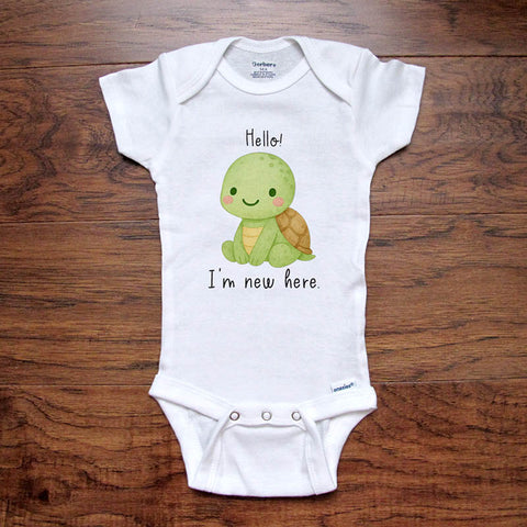 Hello I'm new here cute turtle design baby onesie bodysuit Hello Handmade design baby birth pregnancy announcement