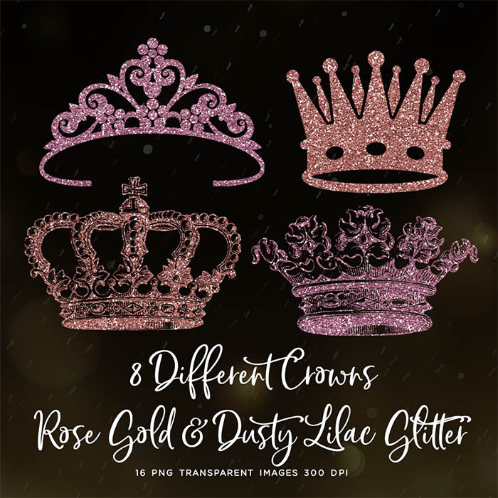 8 Different Crowns Rose Gold & Dusty Lilac Glitter -  PNG Transparent Images - Instant Download Digital Clip art