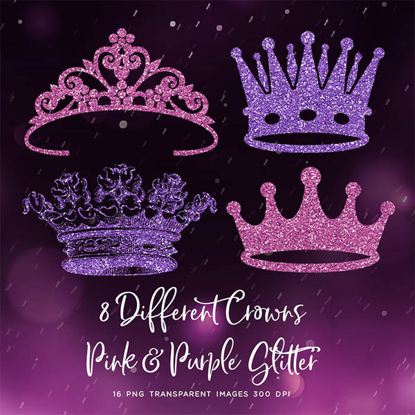 8 Different Crowns Pink & Purple Glitter -  PNG Transparent Images - Instant Download Digital Clip art