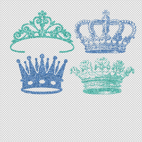8 Different Crowns Teal & Blue Glitter -  PNG Transparent Images - Instant Download Digital Clip art