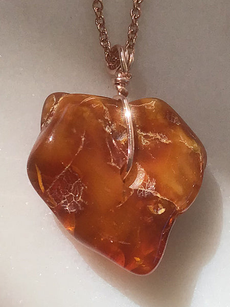 Genuine Natural Baltic Amber Necklace #10 - 16 Kt Rose Gold plated chain necklace Handmade Jewelry - Great gift