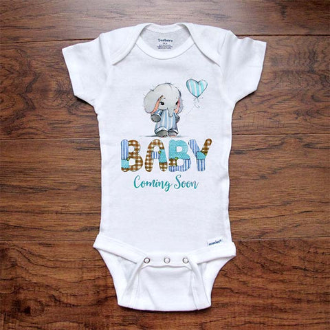 BABY Coming Soon Elephant with balloon - baby onesie bodysuit birth pregnancy reveal announcement grandparents or daddy aunt uncle