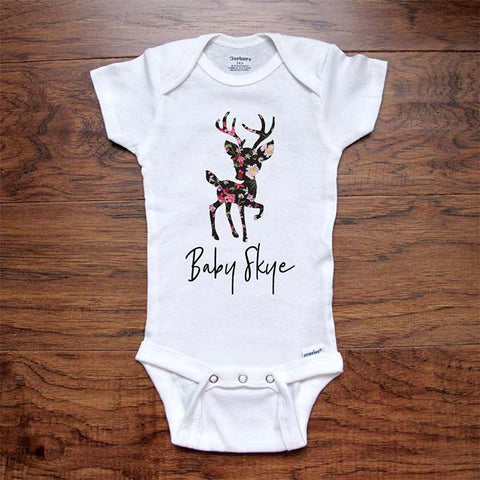 Flower Floral Deer Baby (Custom Name) - Personalized Custom - baby onesie surprise birth pregnancy reveal announcement