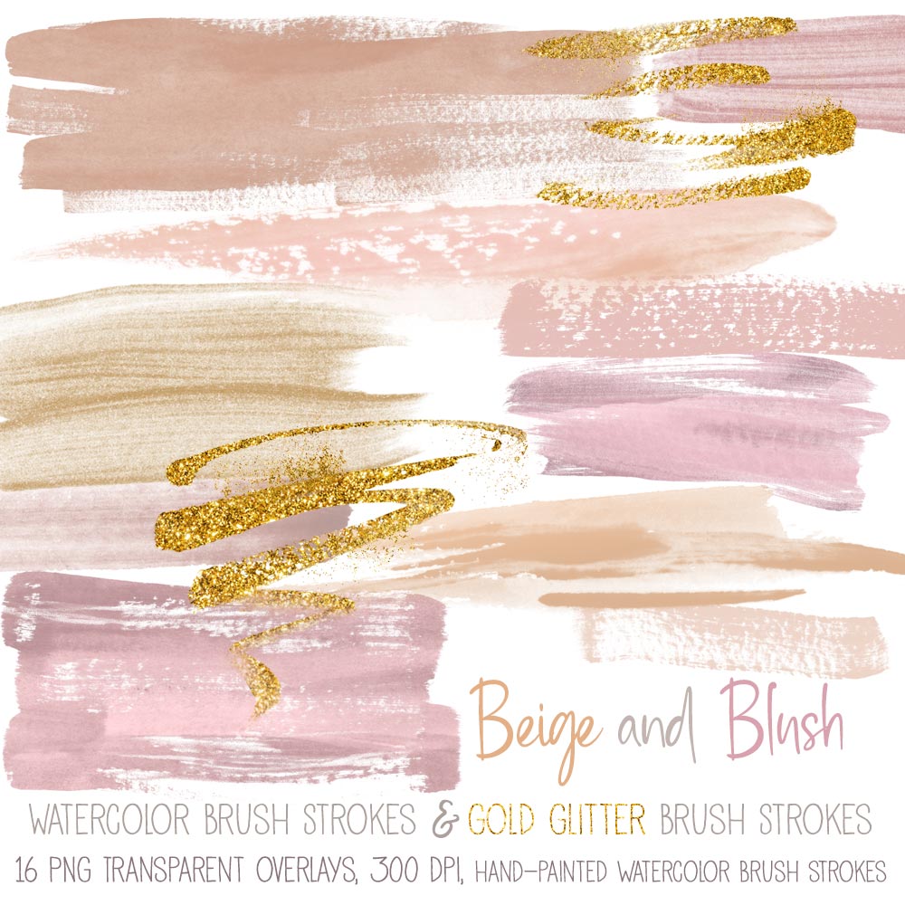 Beige & Blush Watercolor Paint Brush Strokes with Gold Glitter Brush Strokes - Hand painted Overlays - Instant Download Digital Clip Art