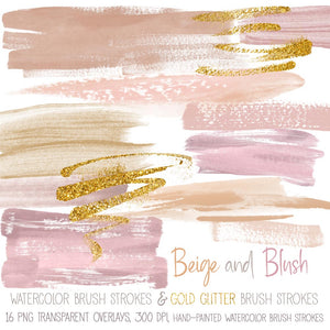 Beige & Blush Watercolor Paint Brush Strokes with Gold Glitter Brush Strokes - Hand painted Overlays - Instant Download Digital Clip Art