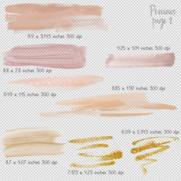 Beige & Blush Watercolor Paint Brush Strokes with Gold Glitter Brush Strokes - Hand painted Overlays - Instant Download Digital Clip Art