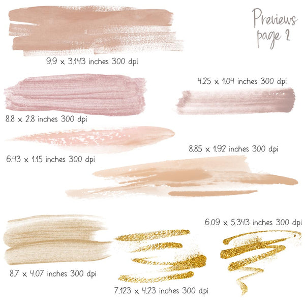 Beige & Blush Watercolor Paint Brush Strokes with Gold Glitter Brush Strokes - Hand painted Overlays - Instant Download Digital Clip Art