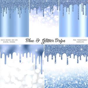 Blue And Glitter Drips - Backgrounds and Transparent Overlays - Instant Download Digital Clip art for Invitations Cards Party design Backdrop Scrapbooking Kids Crafts