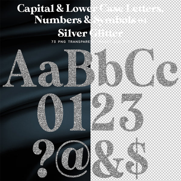 Capital & Lower Case Letters Alphabet Numbers & Symbols 04 Silver Glitter - These are Clip Art NOT Font - 73 PNG Transparent Images - Instant Download Digital Clip art
