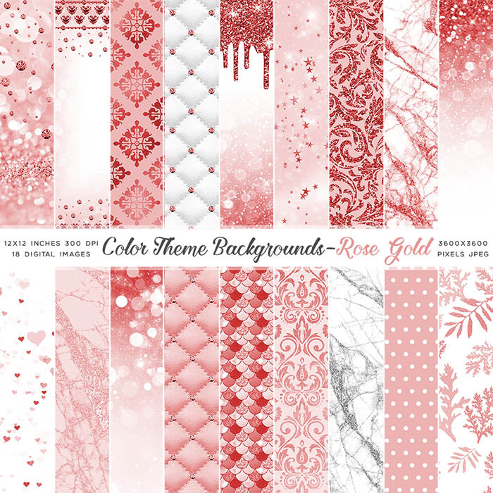 Color Theme Backgrounds ROSE GOLD - Bokeh Floral Pattern Mermaid Glitter Drips Diamonds - Instant Download Digital Clip art for Invitations Cards Party design Backdrop Scrapbooking Kids Crafts