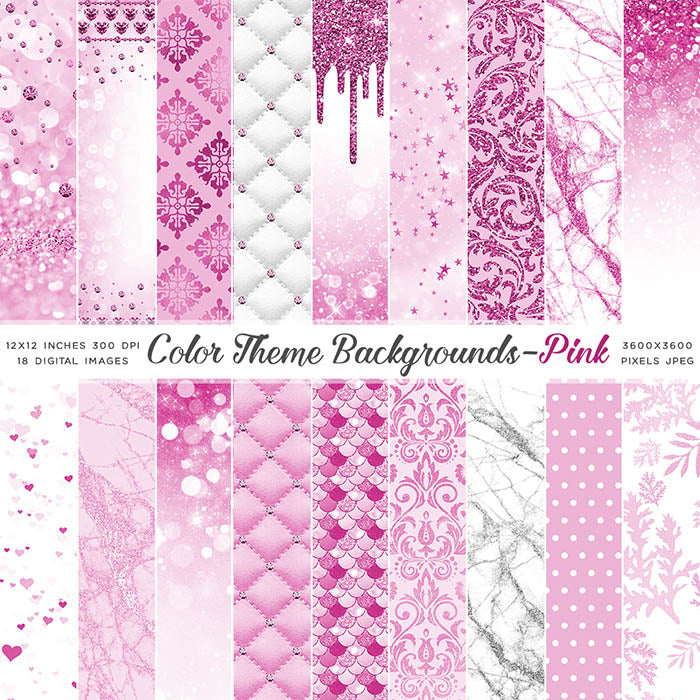 Color Theme Backgrounds PINK - Bokeh Floral Pattern Mermaid Glitter Drips Diamonds - Instant Download Digital Clip art for Invitations Cards Party design Backdrop Scrapbooking Kids Crafts