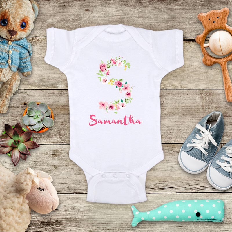 Custom Flower Initials and Name pretty baby shower baby onesie bodysuit Infant Toddler Youth Shirt