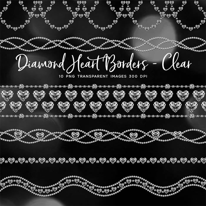 Diamonds Heart Borders (Clear Diamond) Clip Art gemstone - 10 PNG Transparent Images High Resolution - Instant Download Digital Clipart
