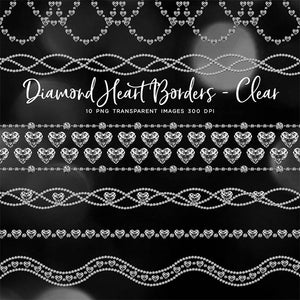 Diamonds Heart Borders (Clear Diamond) Clip Art gemstone - 10 PNG Transparent Images High Resolution - Instant Download Digital Clipart