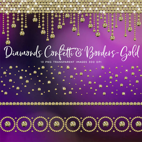 Diamonds Confetti & Borders GOLD - Clip Art gemstone - 13 PNG Transparent Images High Resolution - Instant Download Digital Clipart