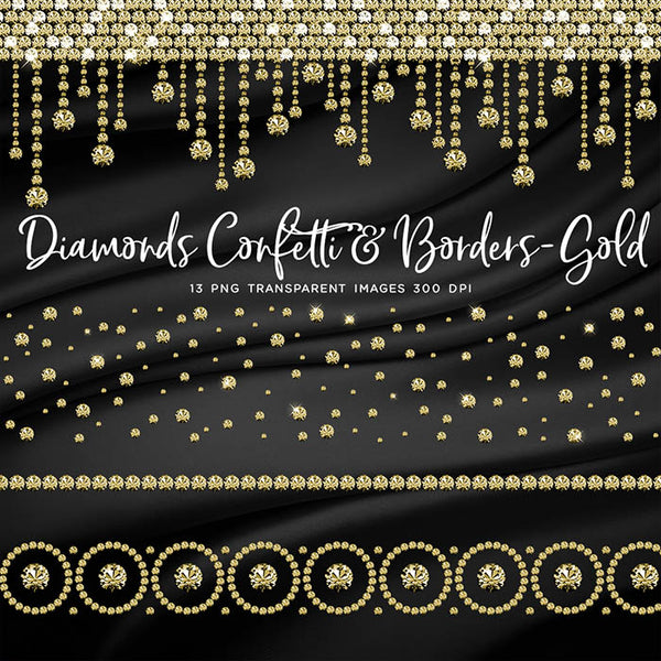 Diamonds Confetti & Borders GOLD - Clip Art gemstone - 13 PNG Transparent Images High Resolution - Instant Download Digital Clipart