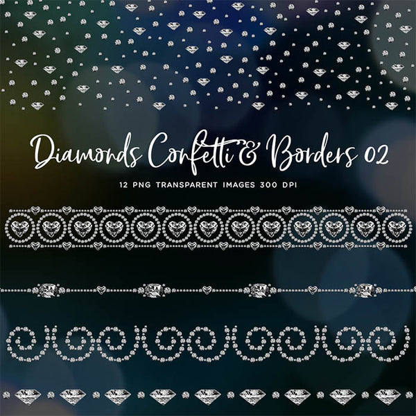 Diamonds Confetti & Borders 02 - Clip Art sparkly gemstone - 12 PNG Transparent Images High Resolution - Instant Download Digital Clipart