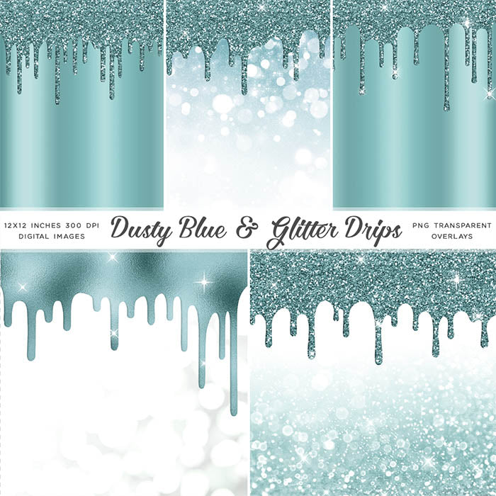 Dusty Blue And Glitter Drips - Backgrounds and Transparent Overlays - Instant Download Digital Clip art for Invitations Cards Party design Backdrop Scrapbooking Kids Crafts