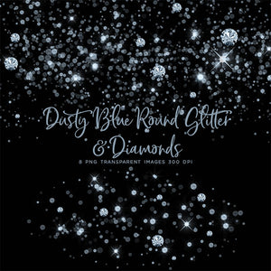 Dusty Blue Round Glitter Dust & Diamonds 01 - sparkly 8 PNG Transparent Overlays High Resolution - Instant Download Digital Clip art